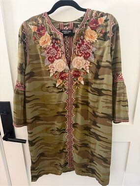 Johnny Was Olive Green Camo Tunic with Red and Yellow Floral Embroidery